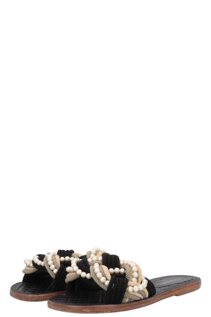 CHANEL Flats Rope Pearl Black Beige