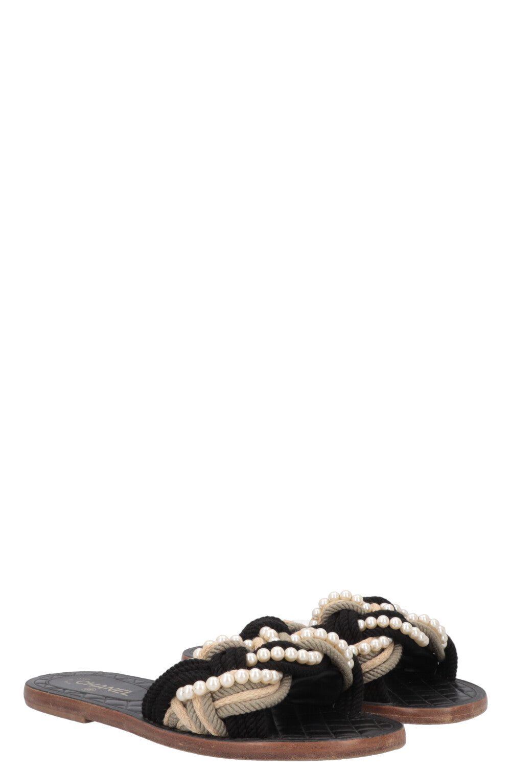 CHANEL Flats Rope Pearl Black Beige