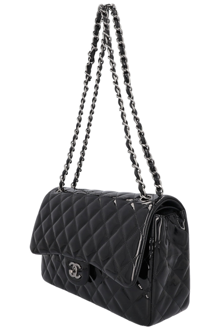 CHANEL Large Double Flap Patent Black