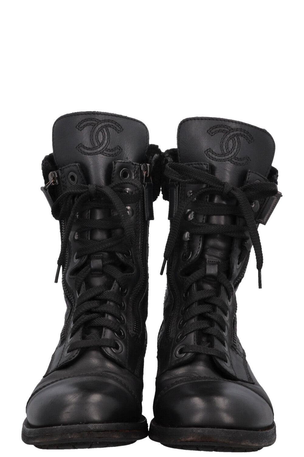 CHANEL CC Shearling Quilted Leather Ankle Boots Black