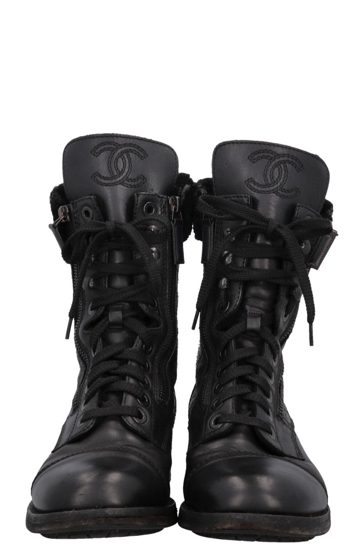 CHANEL CC Shearling Quilted Leather Ankle Boots Black