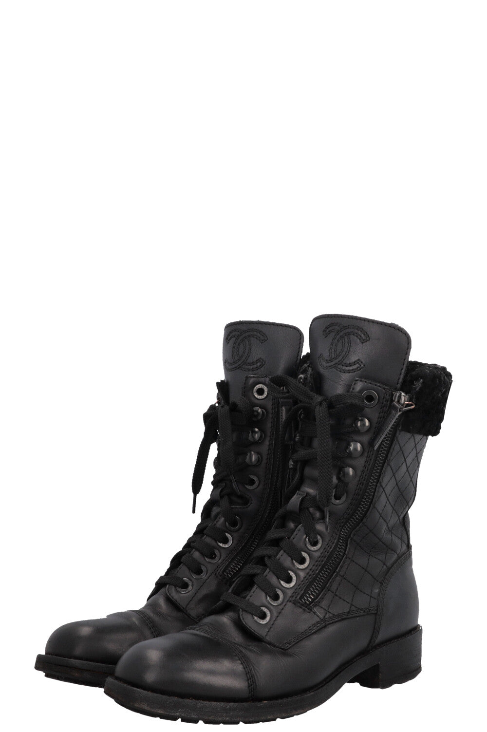 CHANEL CC Shearling Quilted Leather Ankle Boots Black