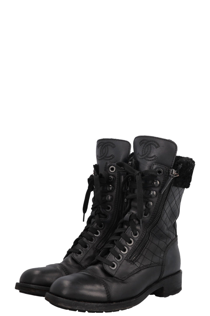 CHANEL CC Shearling Quilted Leather Ankle Boots Black
