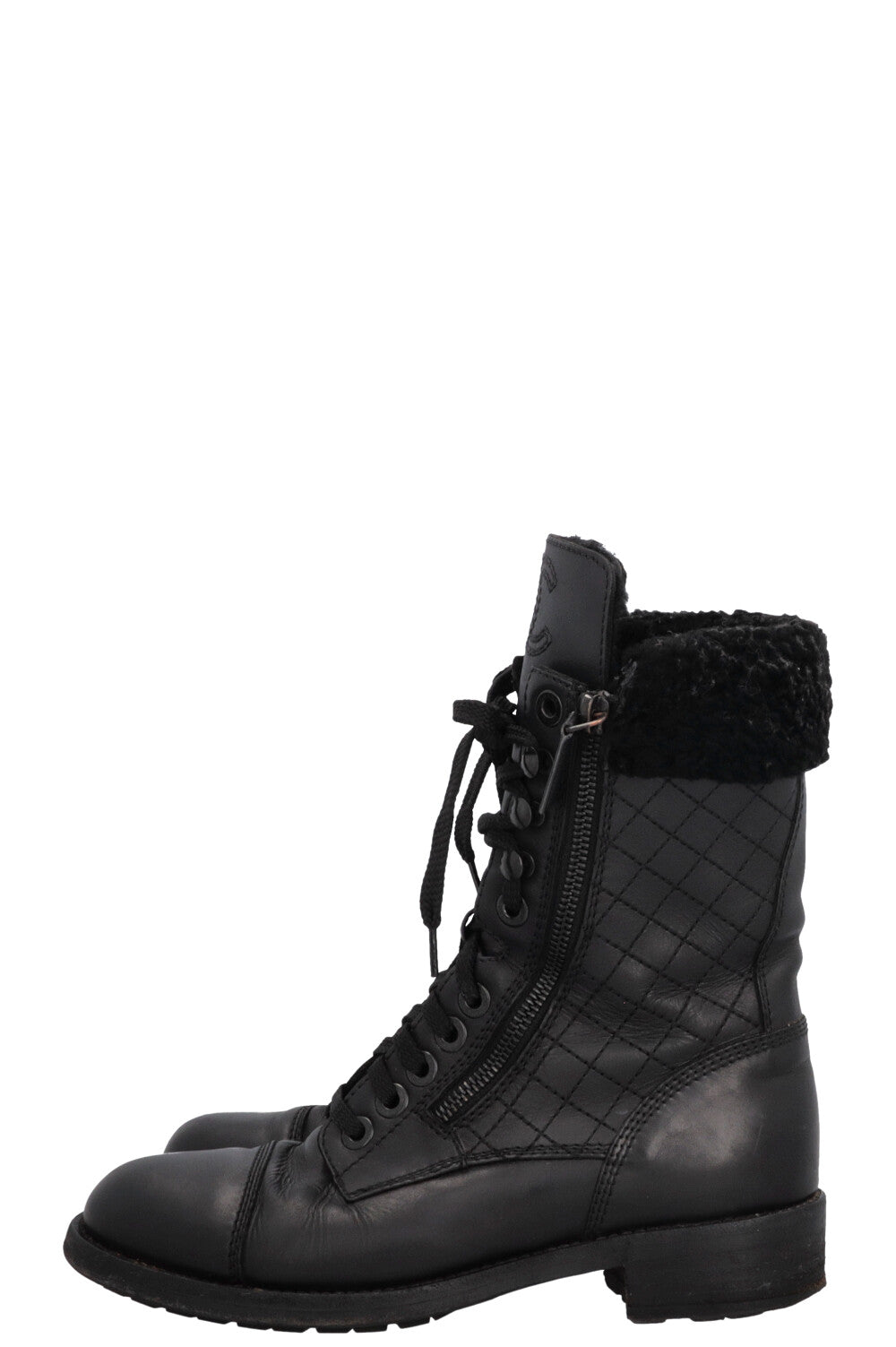 CHANEL CC Shearling Quilted Leather Ankle Boots Black