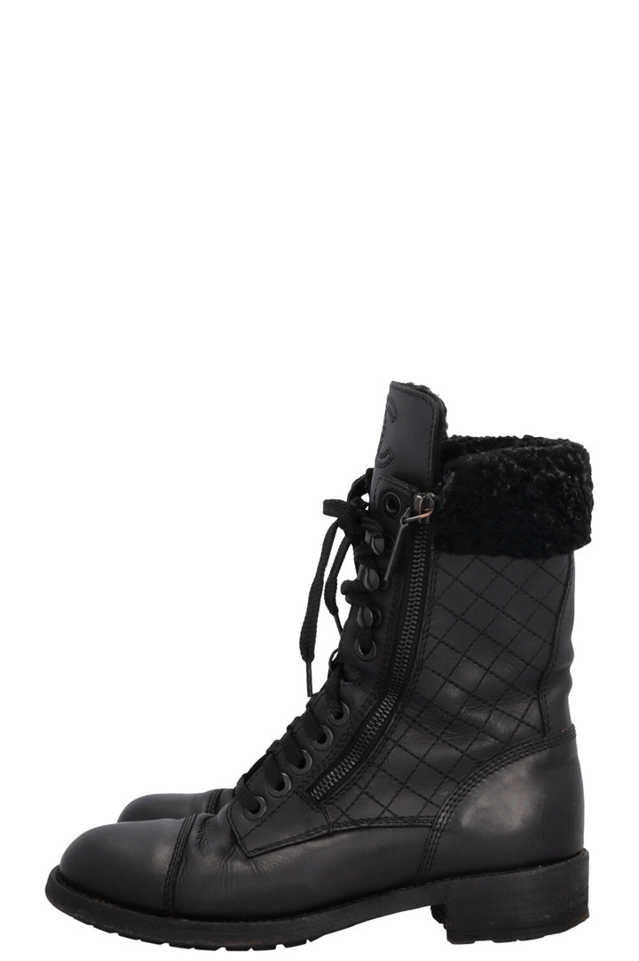 CHANEL CC Shearling Quilted Leather Ankle Boots Black