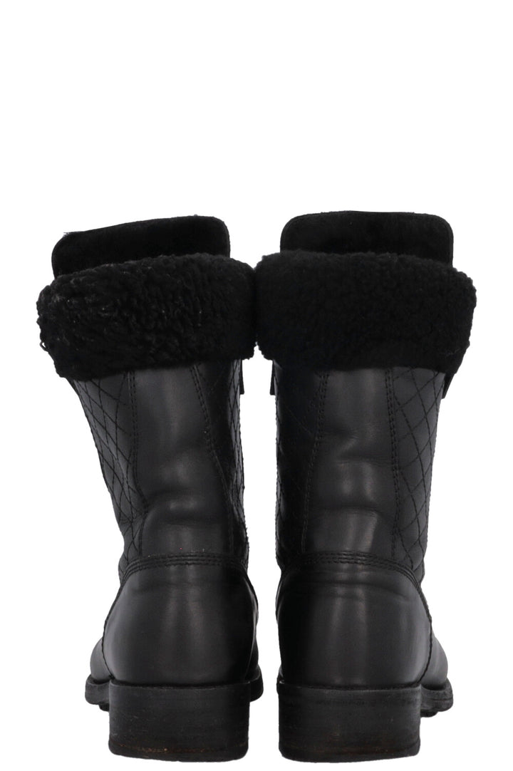 CHANEL CC Shearling Quilted Leather Ankle Boots Black