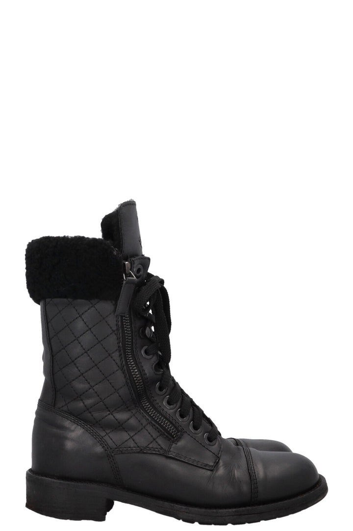 CHANEL CC Shearling Quilted Leather Ankle Boots Black