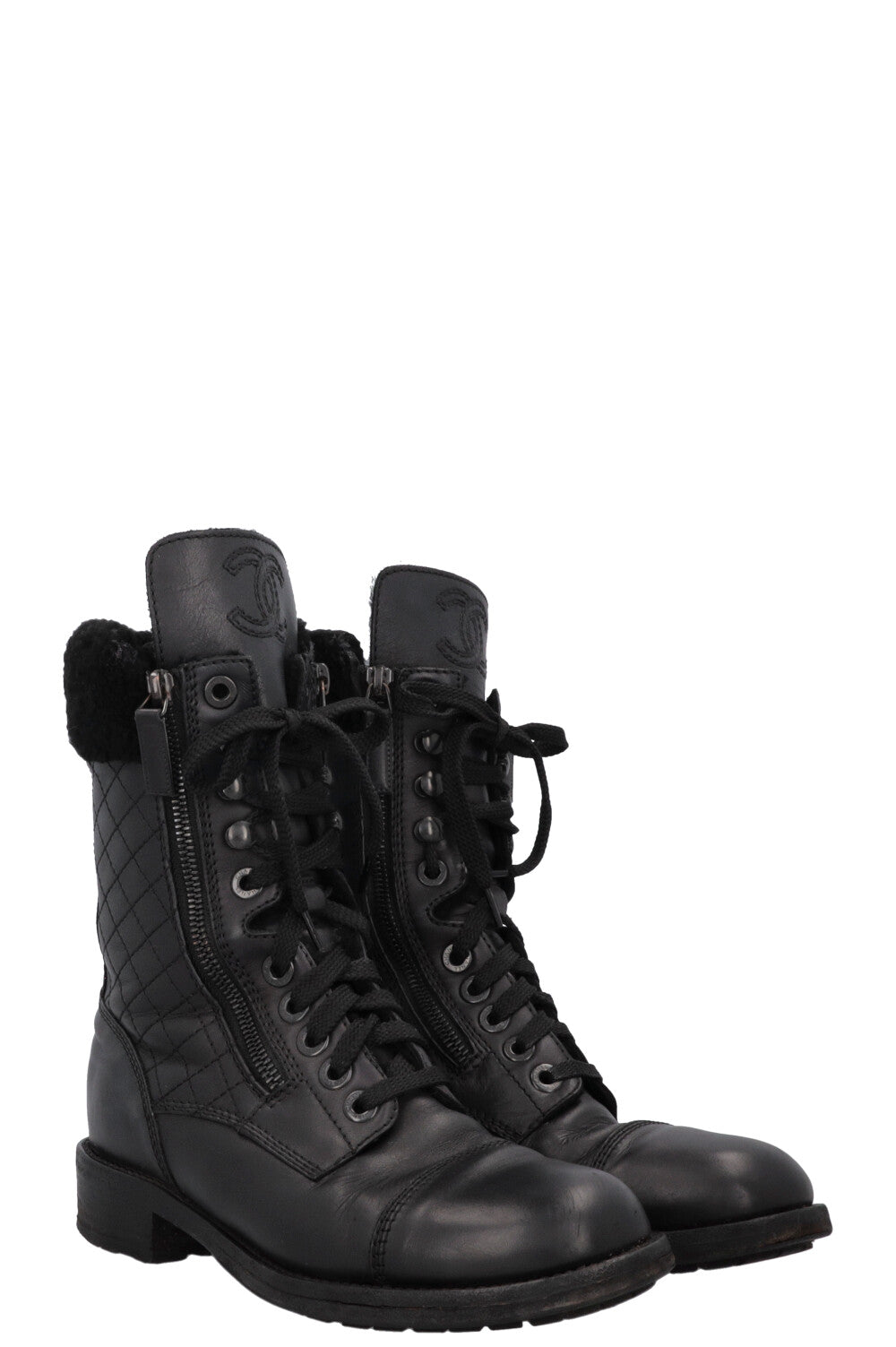 CHANEL CC Shearling Quilted Leather Ankle Boots Black