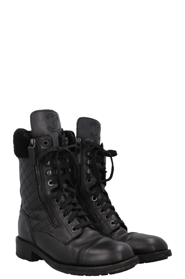 CHANEL CC Shearling Quilted Leather Ankle Boots Black