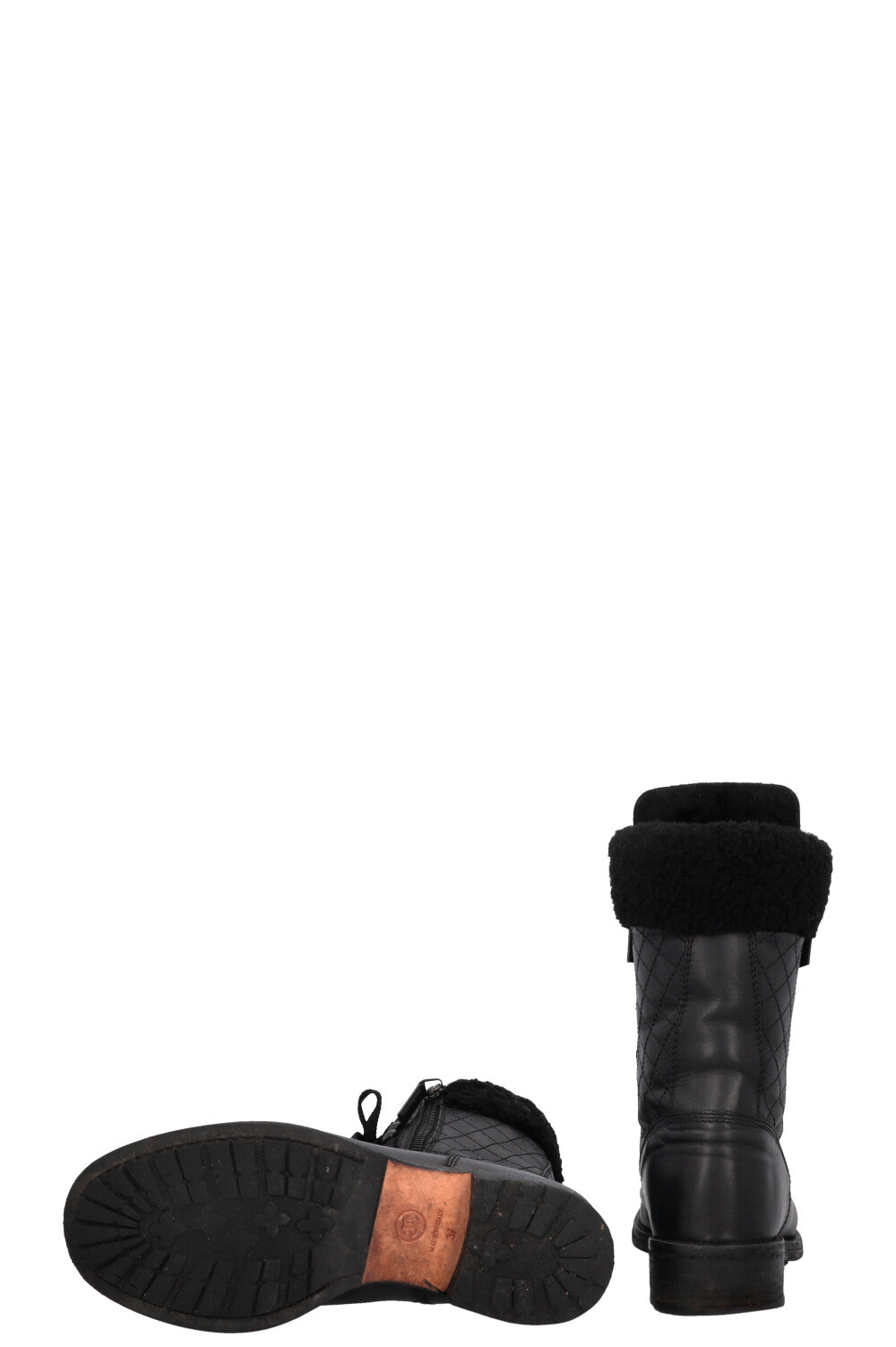 CHANEL CC Shearling Quilted Leather Ankle Boots Black