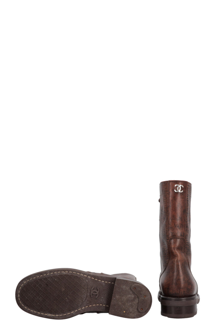 CHANEL CC Lace-Up Ankle Boots, Brown