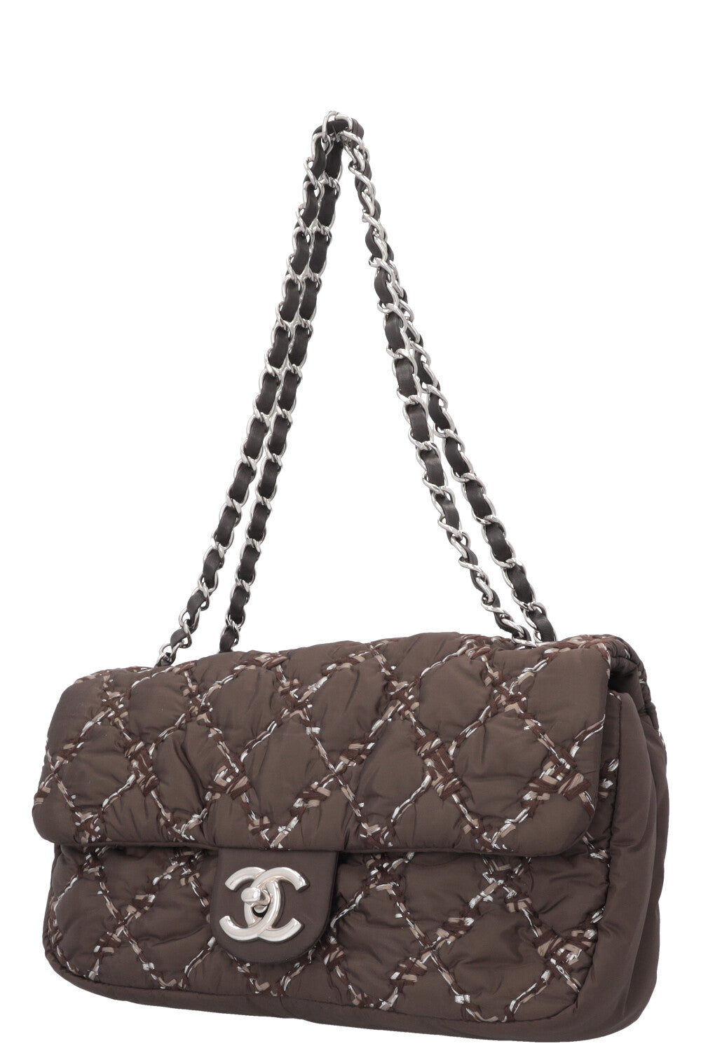 CHANEL Nylon Quilted Single Flap Bag Brown