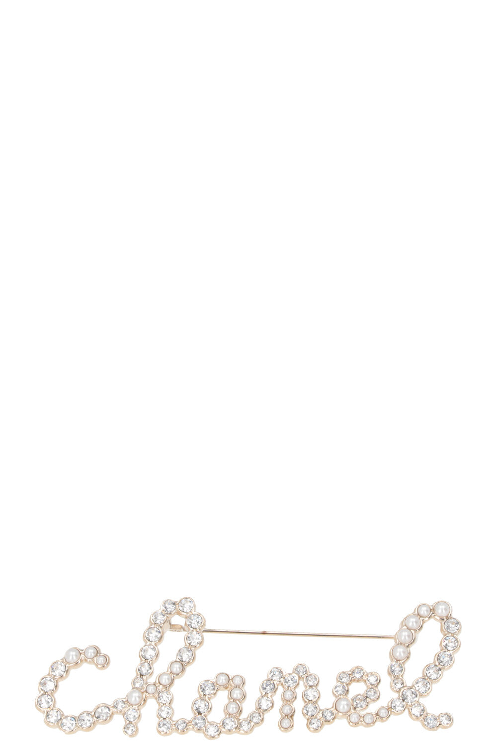 CHANEL 2021 Logo Brooch Crystal Pearls Champagne