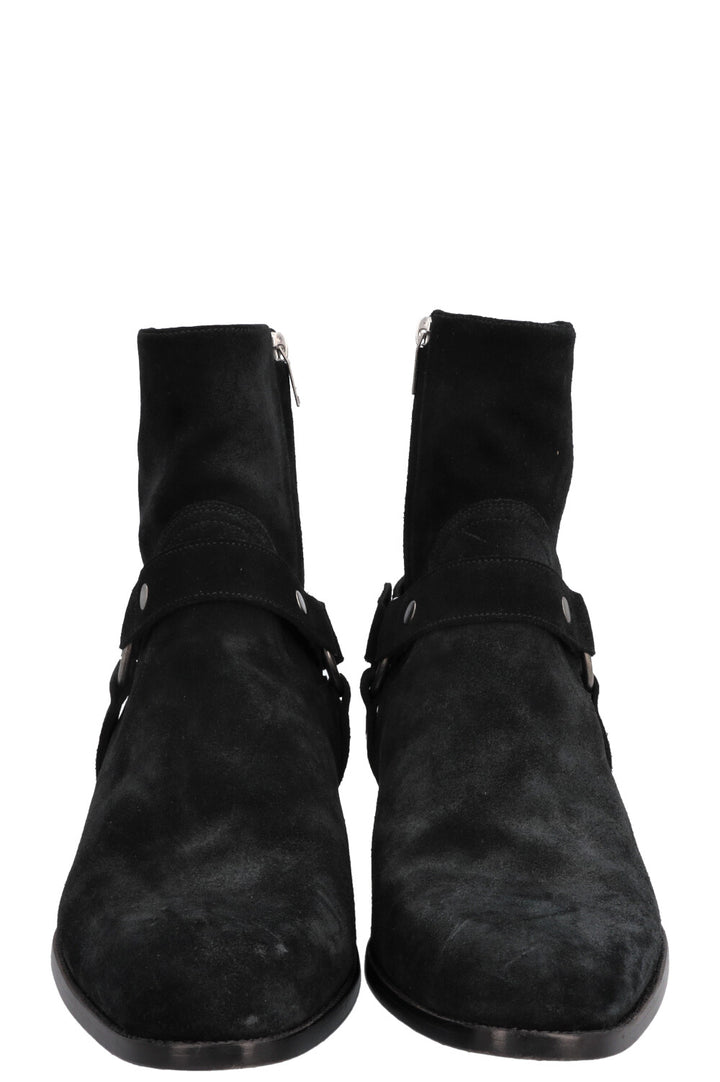 SAINT LAURENT Wyatt Harness Ankle Boots Suede Black