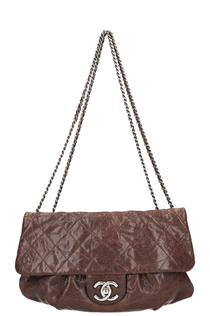 CHANEL Elastic Flap Bag Quilted Glazed Caviar Brown