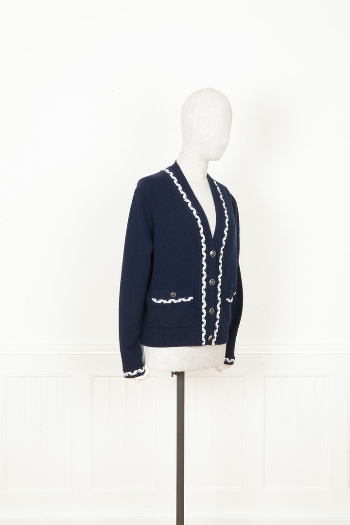 CHANEL 2021 Patch Pocket Knit Cardigan Navy