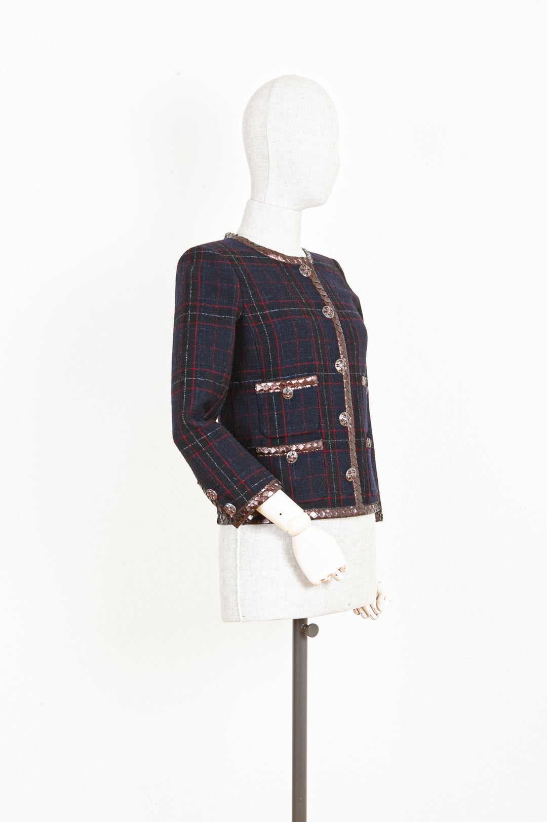 CHANEL Jacket Tartan Navy with Python Application