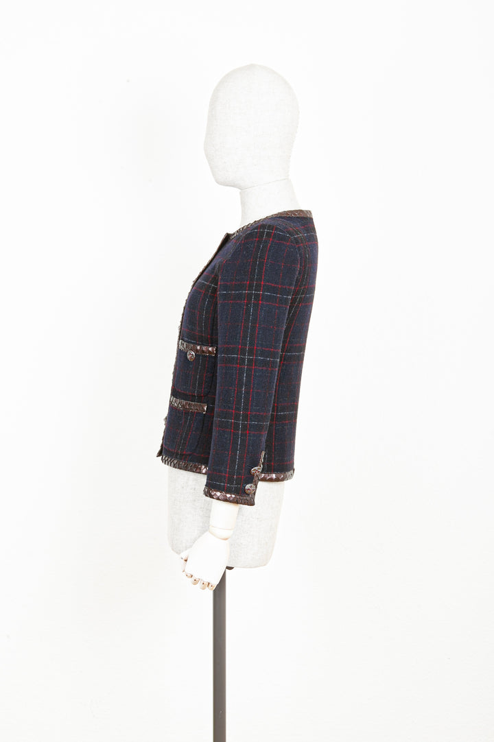 CHANEL Jacket Tartan Navy with Python Application