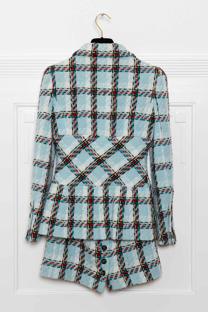 CHANEL S95 Deux pièces en tweed à carreaux bleu bébé