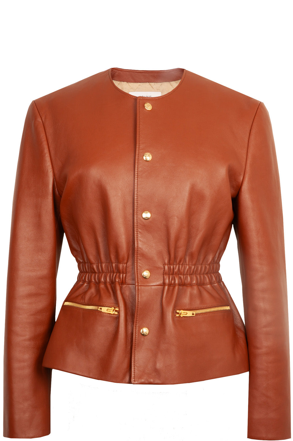 CELINE Smocked Belted Leather Jacket Cognac