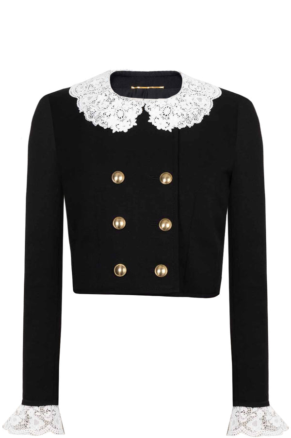SAINT LAURENT 2021 Lace Trim Cropped Jacket Wool Black