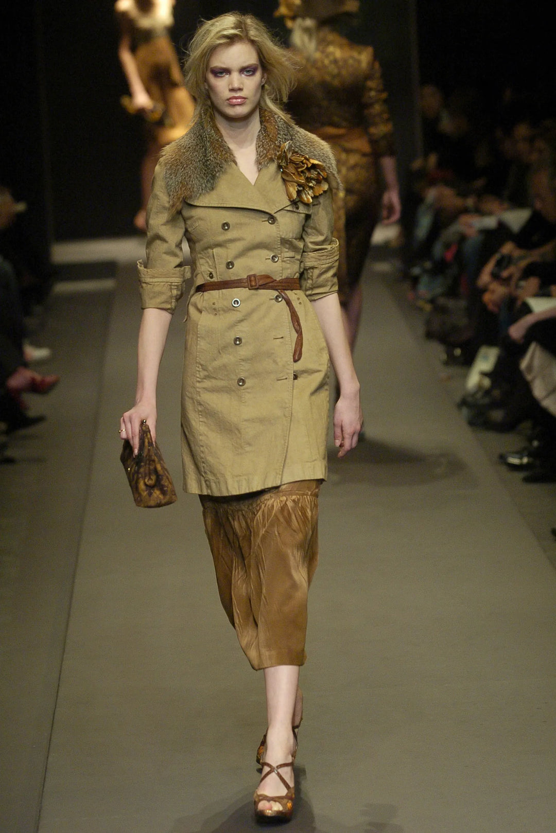 MIU MIU Vintage Runway Trench Coat with Fur Detail in Camel Cotton