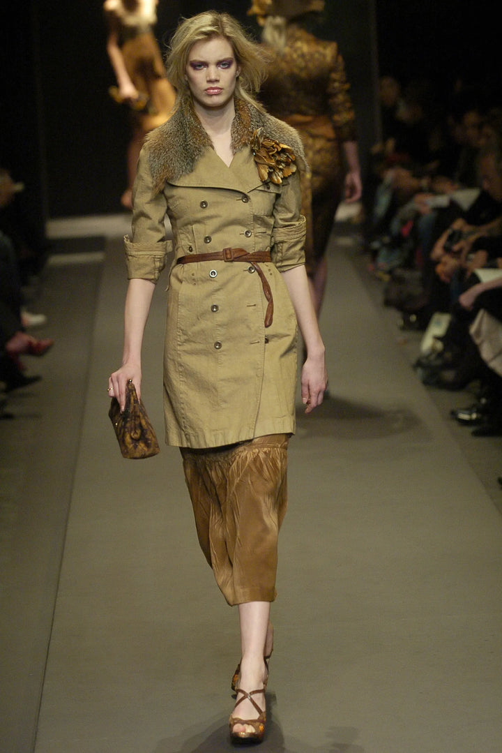 MIU MIU Vintage Runway Trench Coat with Fur Detail in Camel Cotton