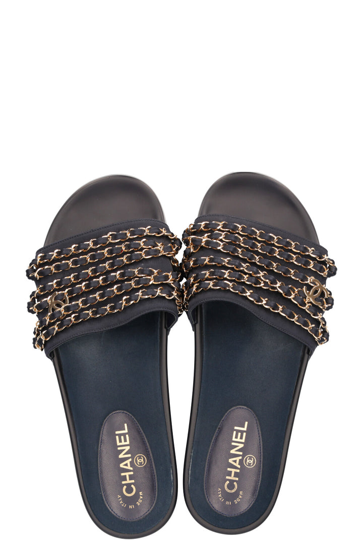 CHANEL Chain Slippers Satin Navy