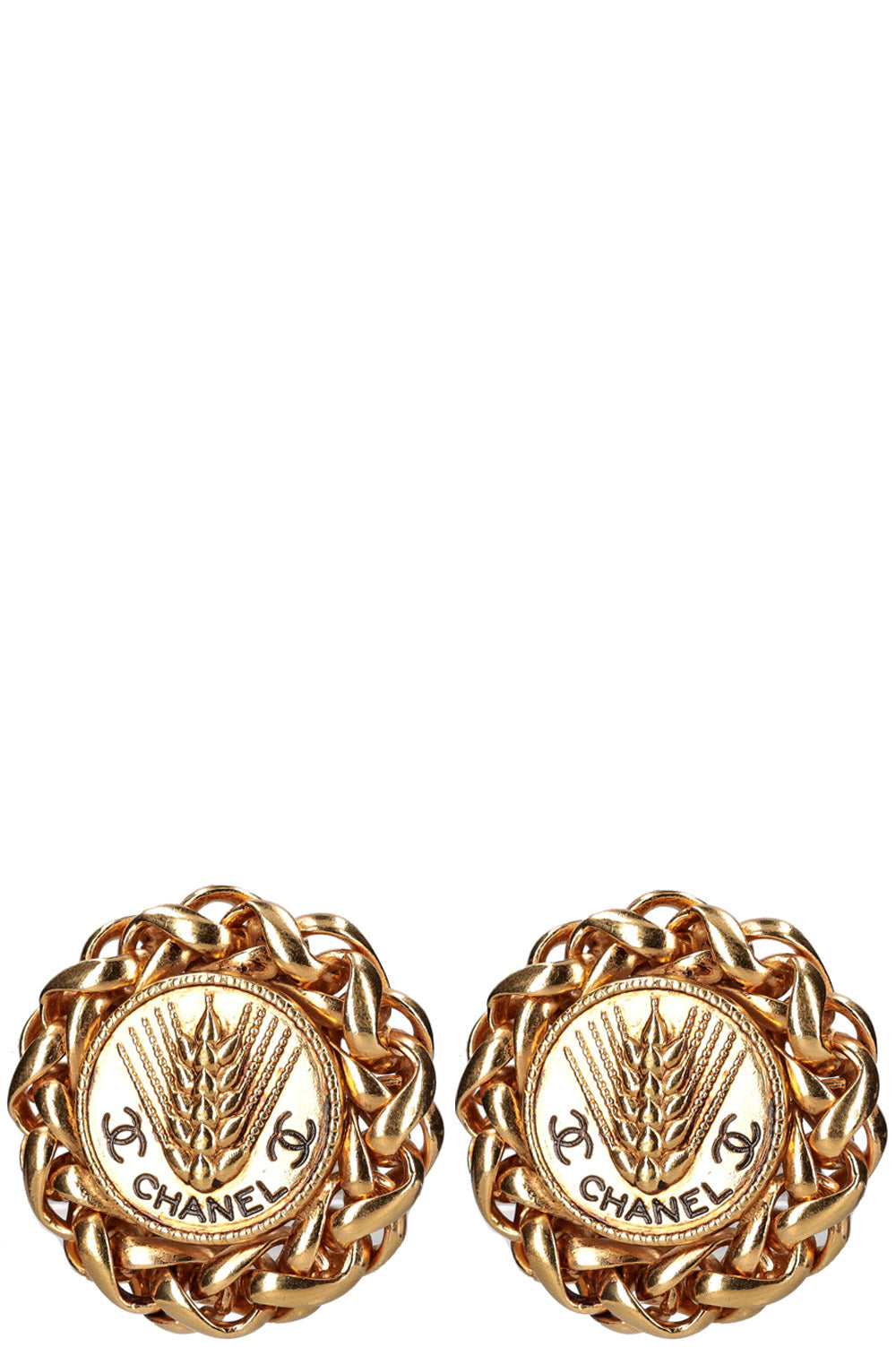 CHANEL Metal Chain Link Wheat Medaillon CC Earrings Gold Plated