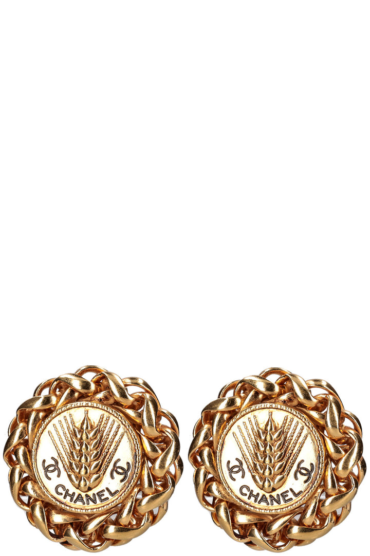 CHANEL Metal Chain Link Wheat Medaillon CC Earrings Gold Plated