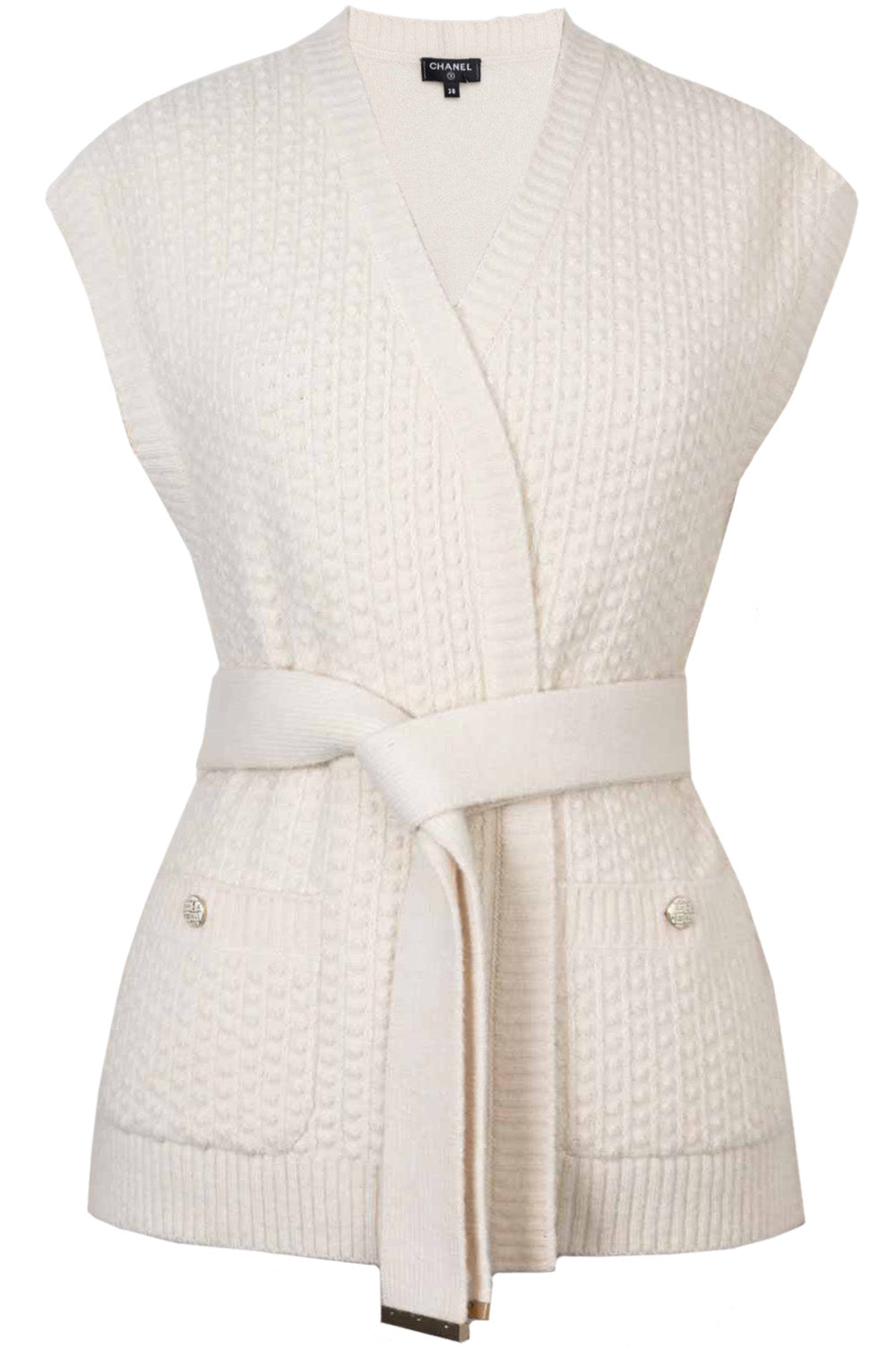 CHANEL Belted Knit Cardigan Ivory