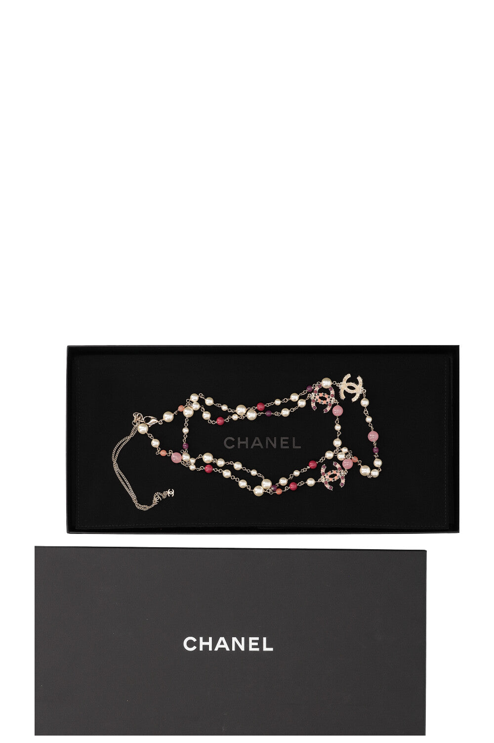 CHANEL Interlock CC Necklace Faux Pearls Pink