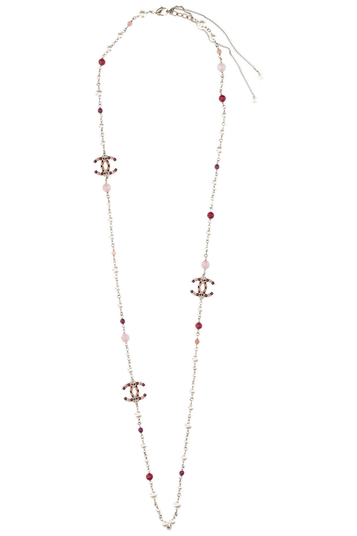 CHANEL Interlock CC Necklace Faux Pearls Pink
