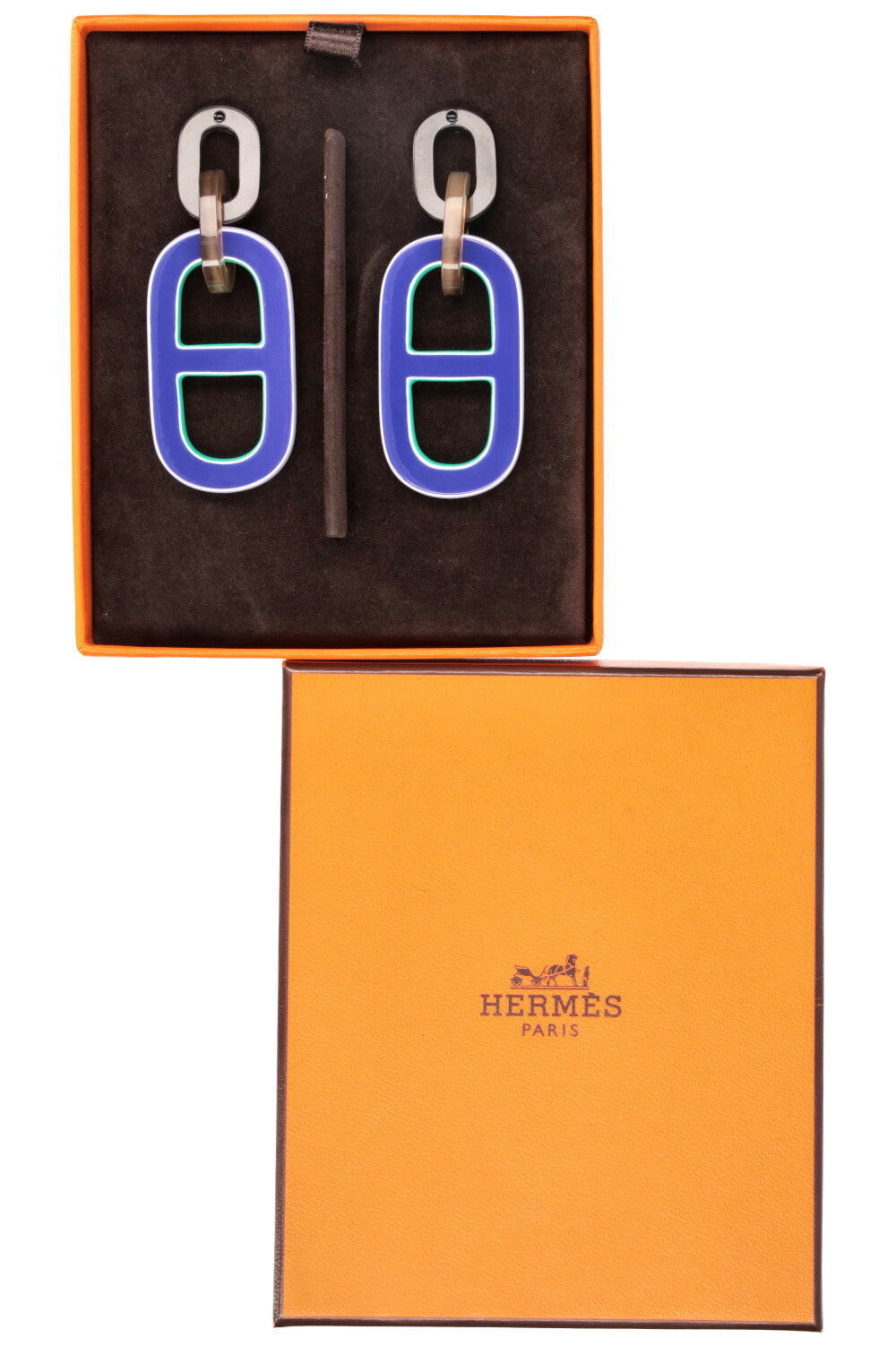 HERMÈS Pigment PM Horn Earrings Blue, Green & Brown