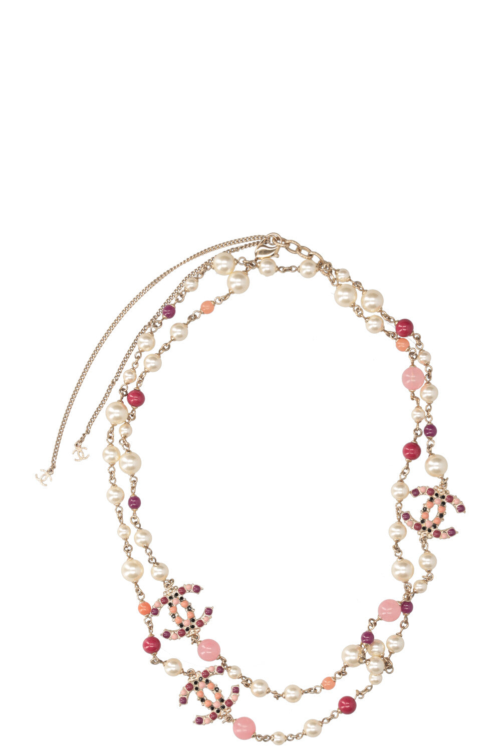 CHANEL Interlock CC Necklace Faux Pearls Pink