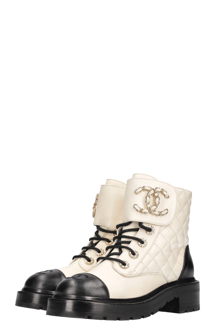 CHANEL Quilted CC Ankle Boots White Black