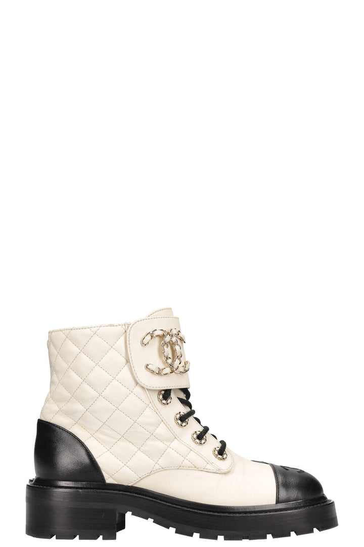 CHANEL Quilted CC Ankle Boots White Black