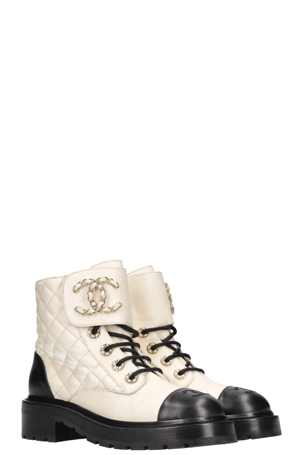 CHANEL Quilted CC Ankle Boots White Black