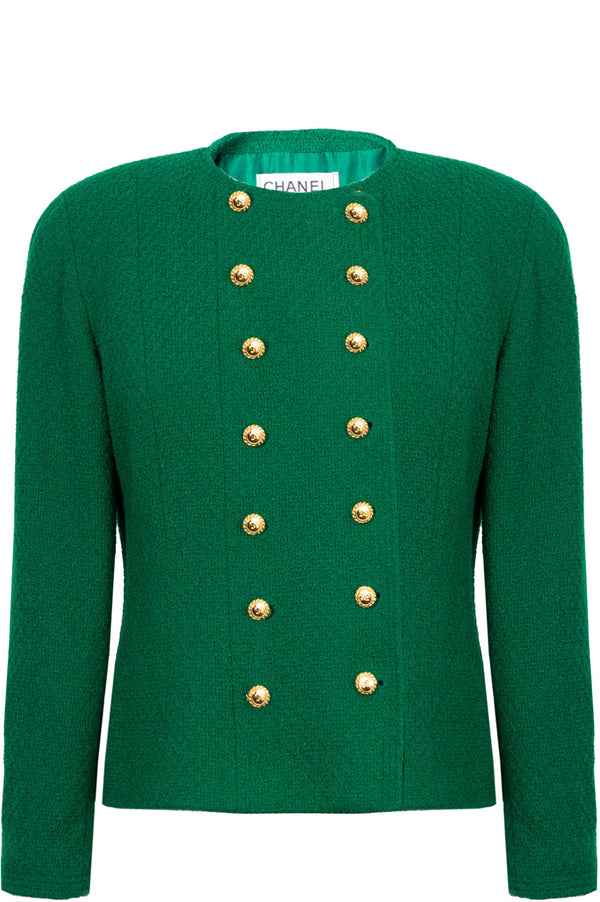 CHANEL Vintage Double Breasted Jacket Tweed Green