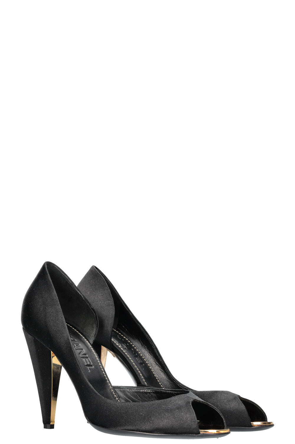 CHANEL Heels Peeptoe Satin Black