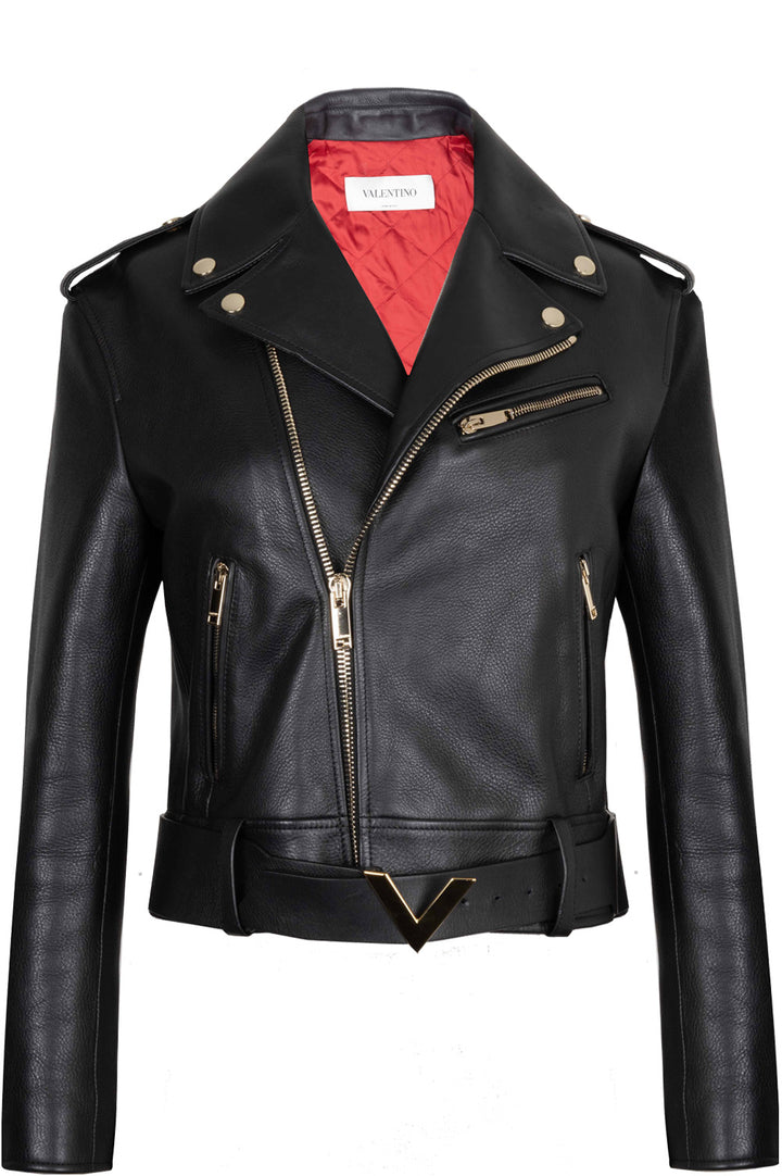 VALENTINO V Logo Biker Leather Jacket Black