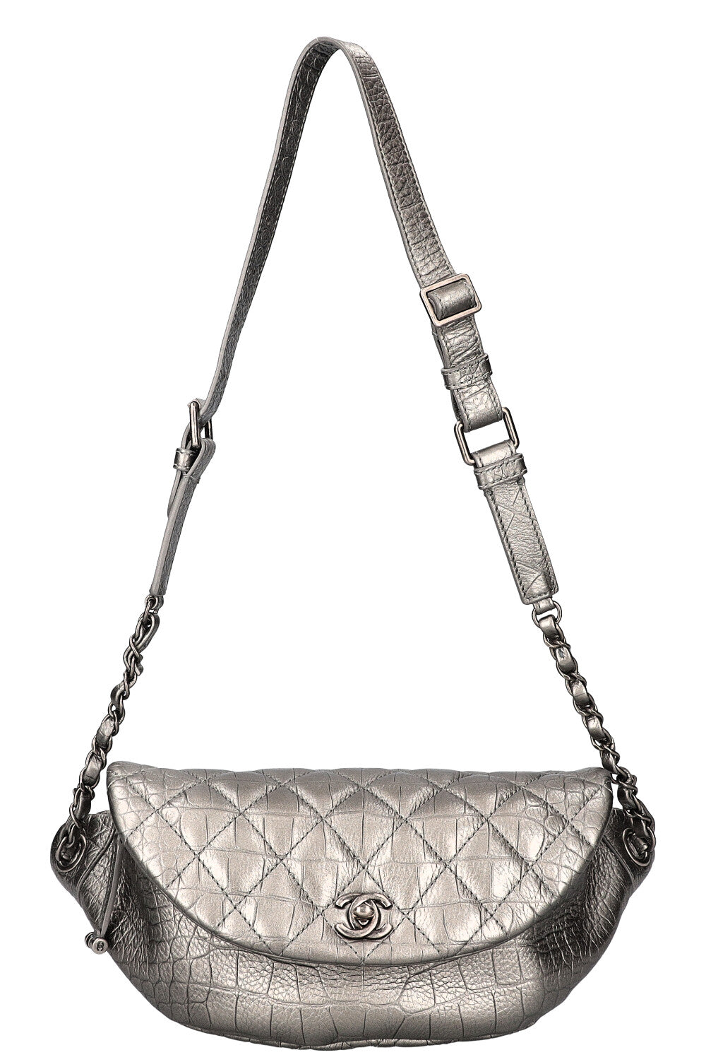 CHANEL Belt Bag Croc Embossed Metallic Silver