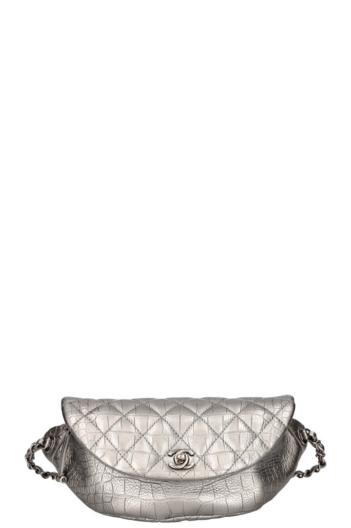 CHANEL Belt Bag Croc Embossed Metallic Silver