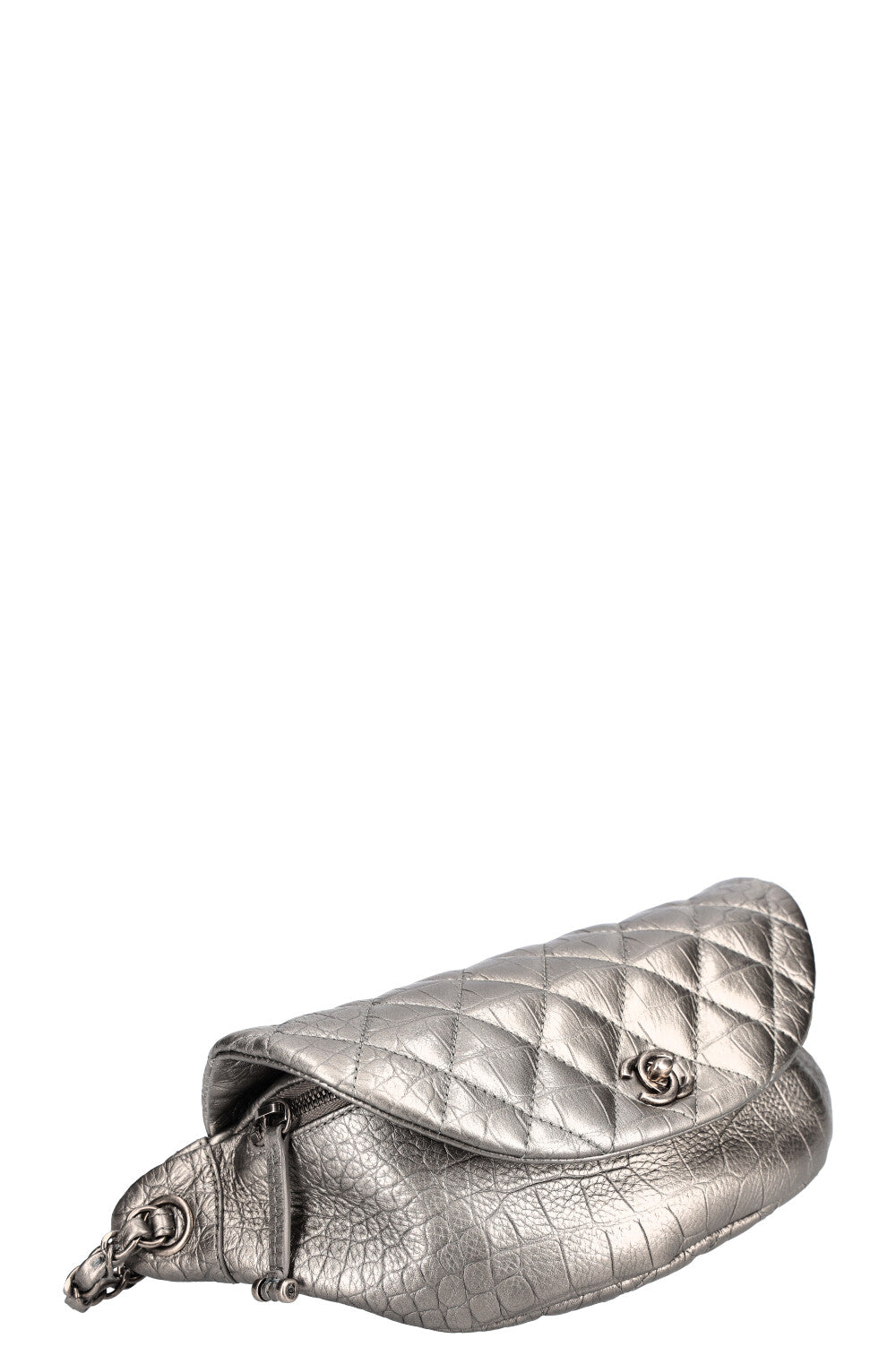 CHANEL Belt Bag Croc Embossed Metallic Silver