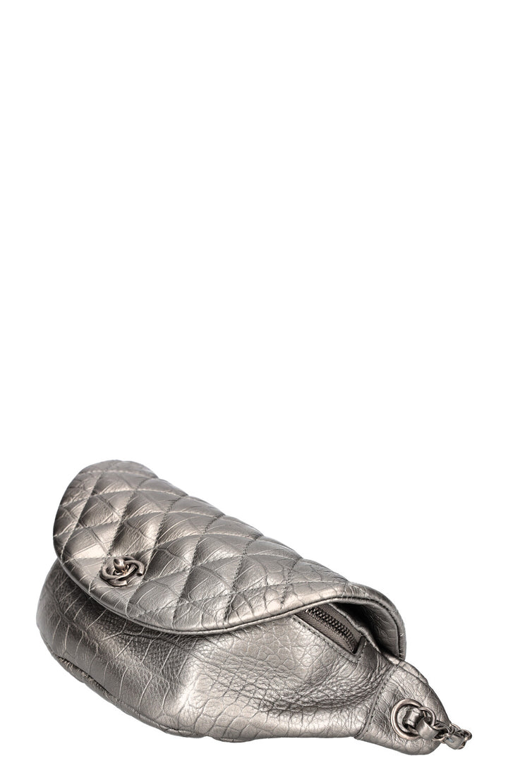 CHANEL Belt Bag Croc Embossed Metallic Silver