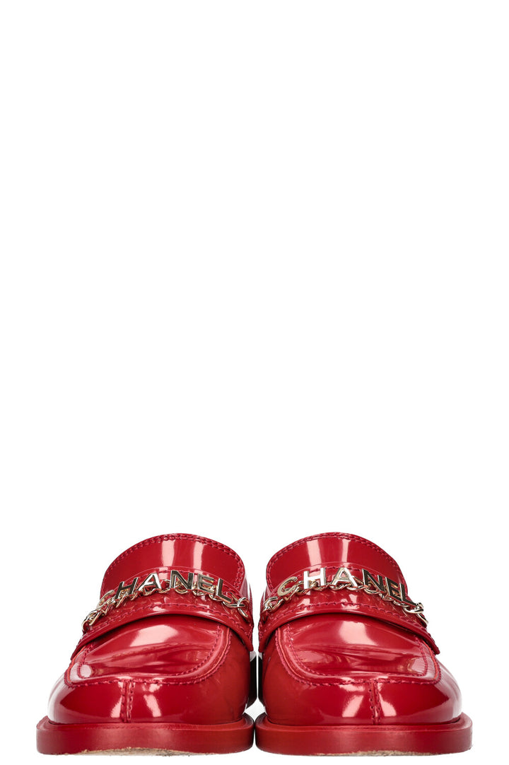 CHANEL Logo Loafers Red Patent