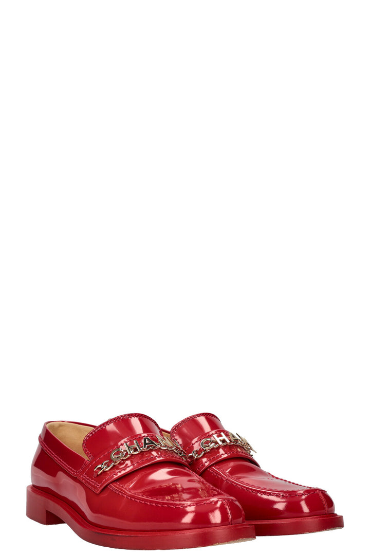 CHANEL Logo Loafers Red Patent