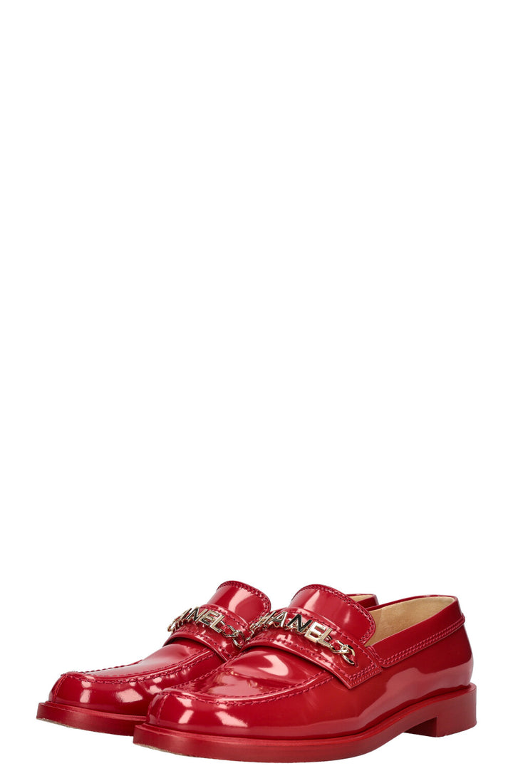 CHANEL Logo Loafers Red Patent