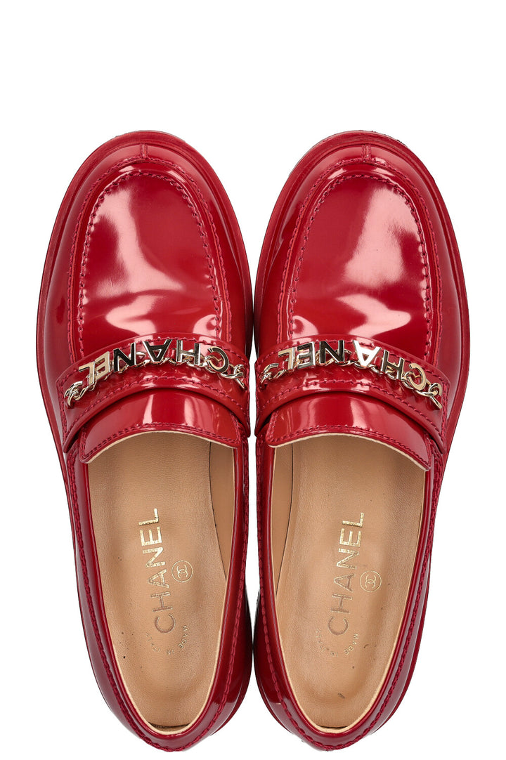 CHANEL Logo Loafers Red Patent