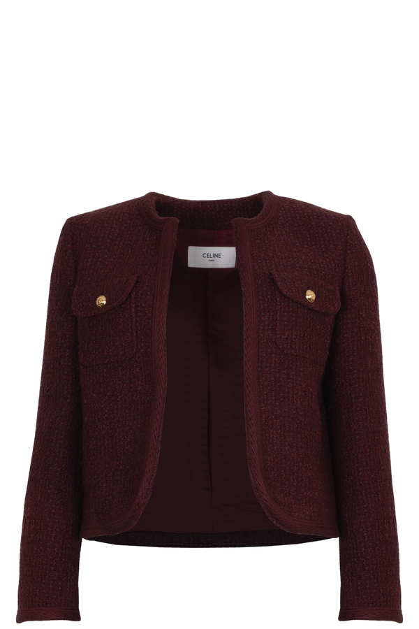 CELINE Patch Pocket Boucle Blazer Jacket Burgundy